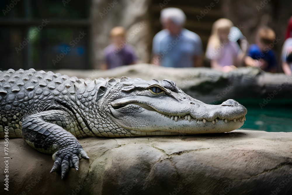 Fototapeta premium Alligator rests peacefully in zoo enclosure, observed by visitors