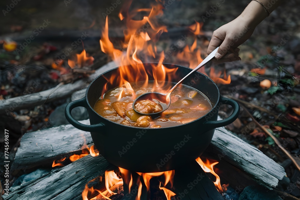 Autumn stew cooks in cauldron over wood fire, gourmet culinary scene Autumn stew cooks in cauldron over wood fire, gourmet culinary scene