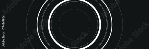 Futuristic abstract dark black horizontal banner background. White circle line design. Rotating circular line elements. Future technology concept. Space for your text. Vector illustration