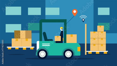A of hightech sensors attached to a forklift in a warehouse allowing for accurate and realtime location tracking of materials.