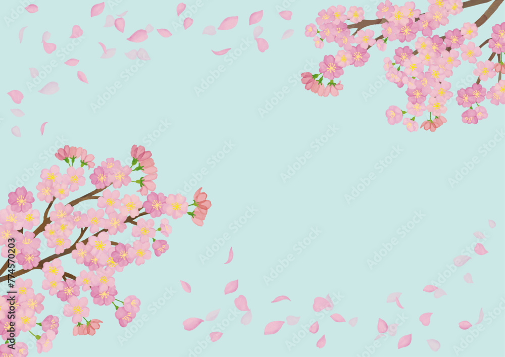 水彩風　満開の桜と花びら　背景