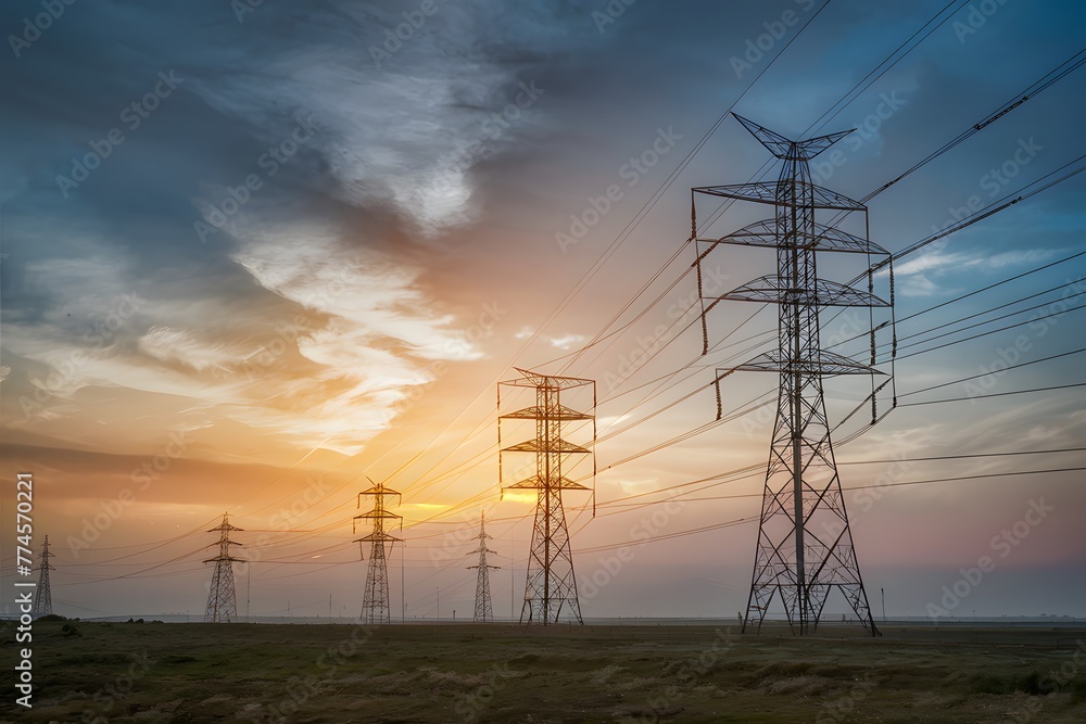Capture High voltage post and pylons against sunset, energy concept