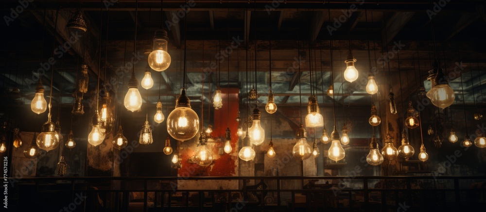 Numerous light bulbs are hanging from the ceiling in a poorly lit room, casting a soft glow and adding ambiance to the space
