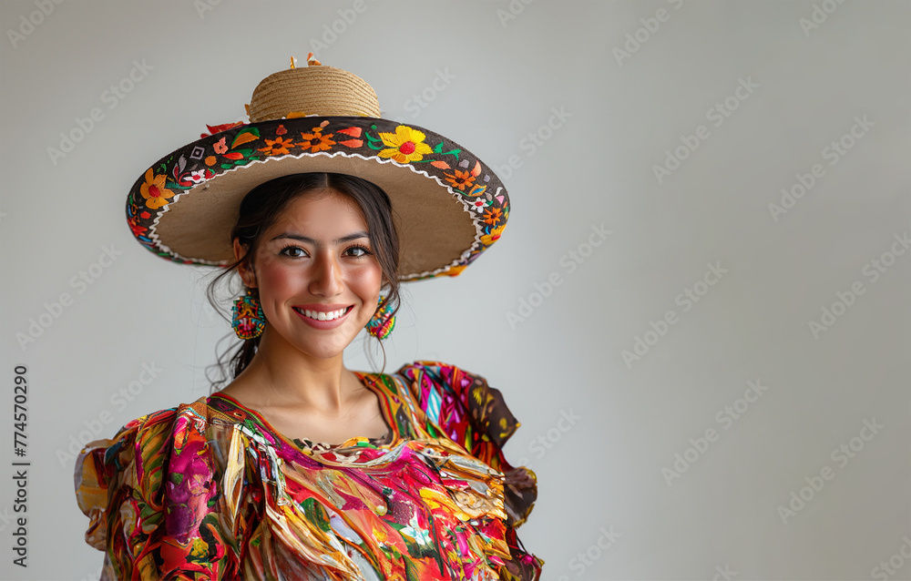 Traditional dress and hat, happy Mexican woman Traditional dress and hat, happy Mexican woman