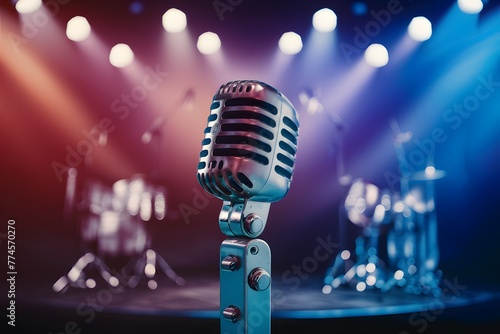 Capture Retro microphone on stage with bokeh light, music concept photo