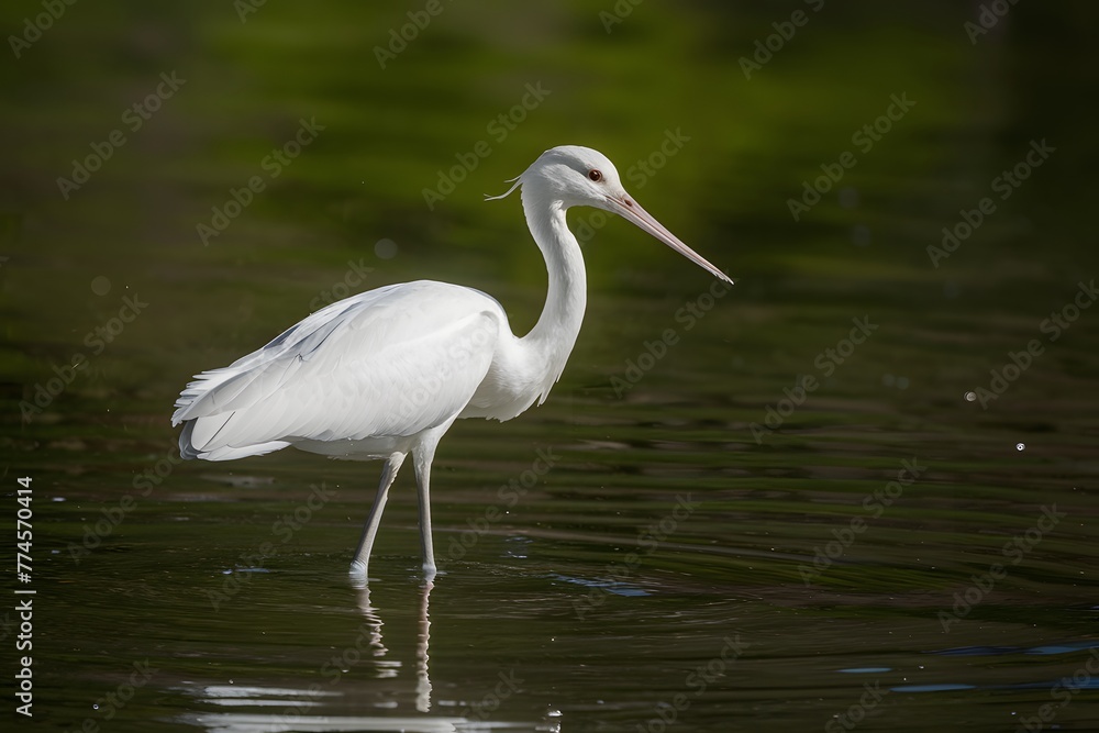 Capture White bird with long legs stands gracefully in shallow water Capture White bird with long legs stands gracefully in shallow water