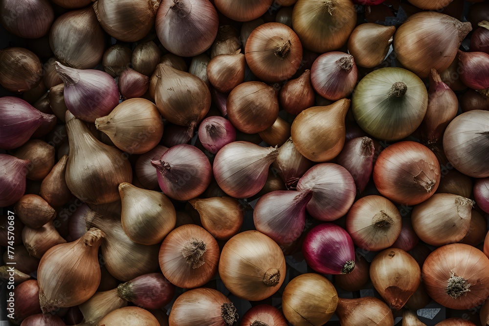 Close up captures abundance of fresh, ripe yellow onions Close up captures abundance of fresh, ripe yellow onions