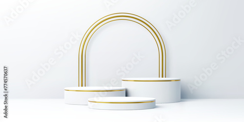 White product podium with golden arch frame and three stages. Realistic 3d vector platforms or pedestals for cosmetics. Studio display background mockup for presentation, minimalist showcase scene