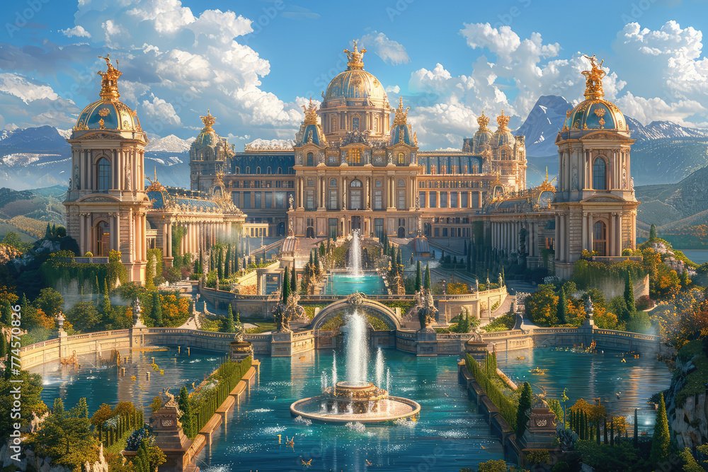 A grand, ornate palace with intricate details and fountains surrounded by lush gardens. Created with Ai