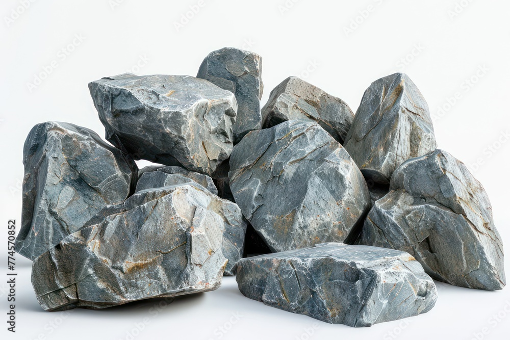 Various types of stones, rocks, and stone varieties isolated on a white background