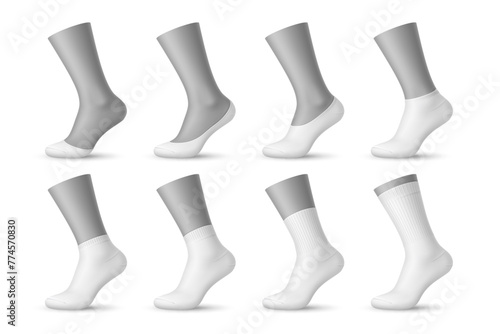 Realistic man socks, 3d vector white sox mockups feature cotton toe-cover, no-show, extra or low cut, quarter and mid calf fashion and sportswear design types. Isolated fabric, elastic socks templates photo