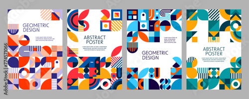 Modern geometric business posters, abstract background patterns with minimal shapes. Vector vintage art layout templates with typography and bold, primitive elements as circles, triangles and squares