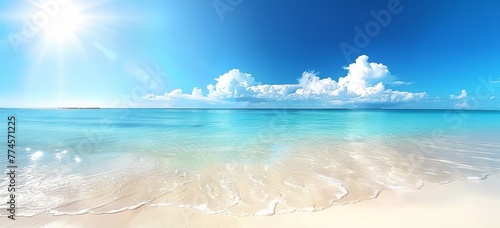 Beautiful sandy beach with white sand, serene turquoise waves, and a clear blue sky with white clouds, offering a colorful and perfect panoramic natural landscape. Made with generative AI technology. © Fuljan