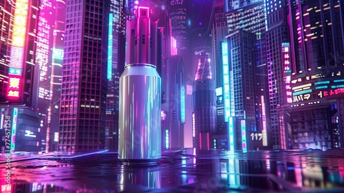Neon Nightscape: A solitary can hovers in a cyberpunk cityscape aglow with futuristic luminescence.