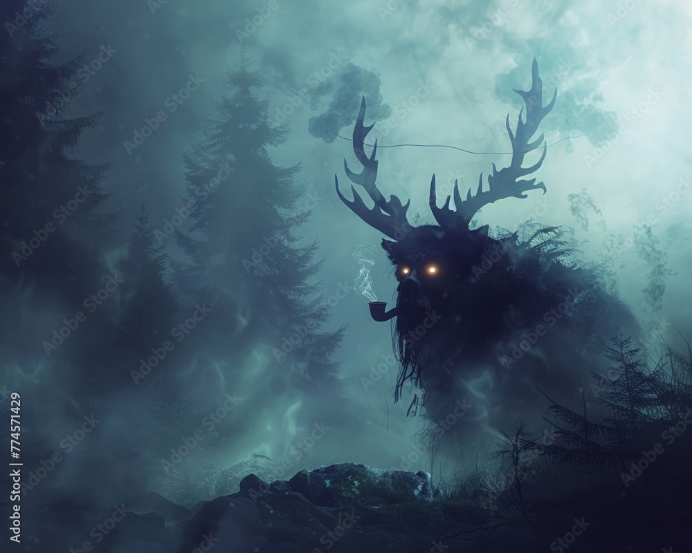 Shadowed beast with glowing eyes, smoking a pipe, skull floating on head, misty forest background , high resolution