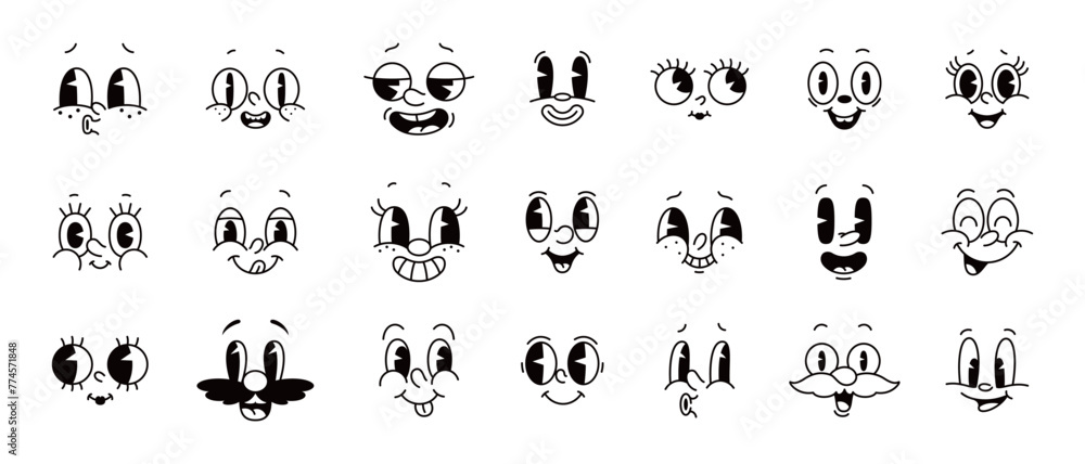 Cartoon comic groovy face emotions vector set, featuring lively expressions like joy, smile, surprise, and mischief. Whimsical characters feelings in retro funky style, monochrome personage emoticons Cartoon comic groovy face emotions vector set, featuring lively expressions like joy, smile, surprise, and mischief. Whimsical characters feelings in retro funky style, monochrome personage emoticons