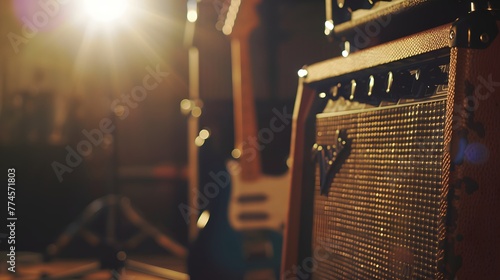 Close up vintage amplifier guitar with electric guitar rests on 
 guitar stand beside vintage amp guitar and low lighting photo