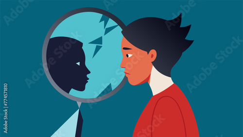 A person looking into a broken mirror seeing their own reflection but with exaggerated flaws and imperfections. This speaks to how projection