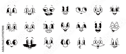 Cartoon comic groovy face emotions vector set, featuring lively expressions like joy, smile, surprise, and mischief. Whimsical characters feelings in retro funky style, monochrome personage emoticons
