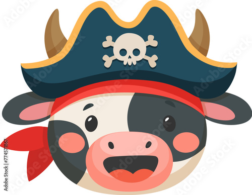 Cartoon cow animal pirate and corsair. Sailor and captain, skipper and boatswain character. Isolated vector cute kawaii calf filibuster personage face with a wide smile, bandana and tricorn rover hat