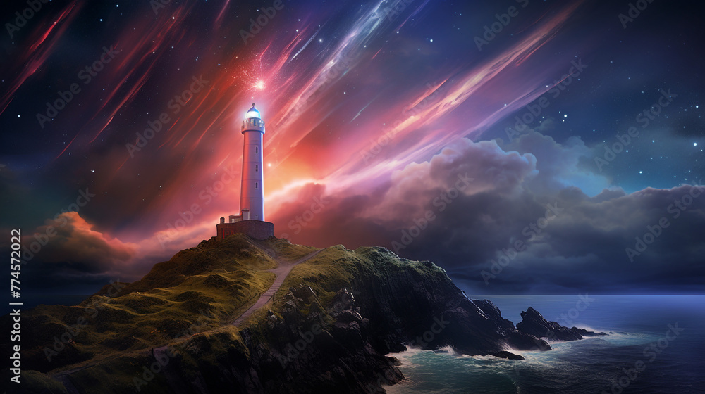 Cosmic Lighthouse with light star a breathtaking astrophotography image