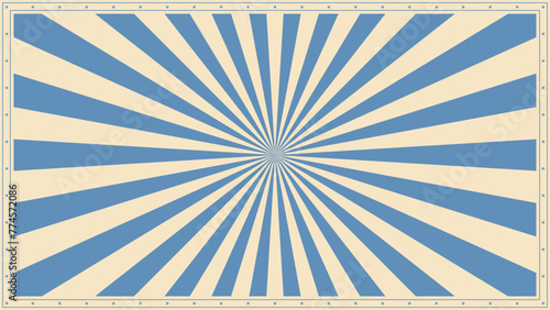 Circus retro sunburst background. Vector nostalgic carnival rays pattern with blue and white faded color vintage radiating beams emanating from a central point, evoking the nostalgic magic of old time