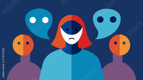 An individual wearing a mask hiding their true self in an attempt to fit in and avoid conflicting beliefs that may challenge their selfworth.