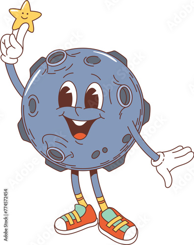 Cartoon groovy space planet character with twinkle star in hand. Isolated vector celestial personage with wide cheerful smile and craters, exudes psychedelic vibes, cosmic coolness and funky demeanor