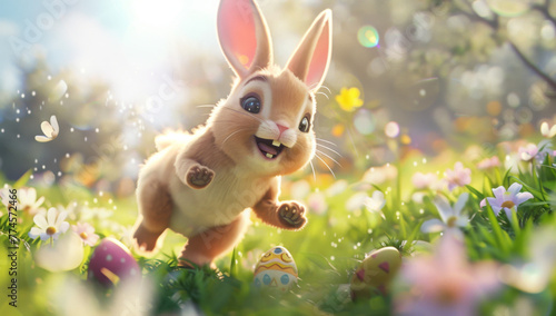 Happy Easter Cute smiling rabbit running in the meadow with colorful eggs