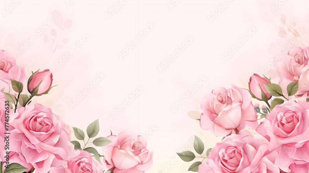 Watercolor painting of pink rose gradient pink to white background with copy space, wedding invitation card, banner wallpaper Valentine's day romantic art 