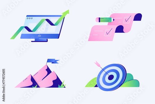 Business goals achievement. Completing work tasks, achieving positive results. Illustrations of a target, checklist, mountain top, arrow. Progress, success, growth concept. Isolated flat vector set