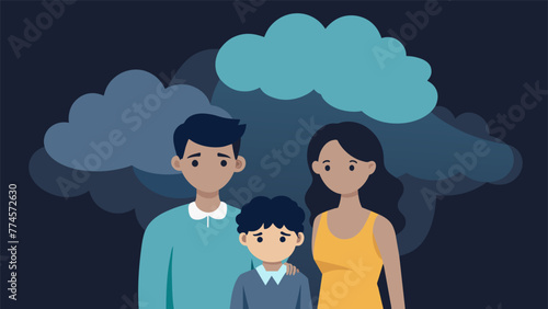 A dark storm cloud looming over a family photo portraying the oppressive weight of unresolved issues and emotional distress within a family.
