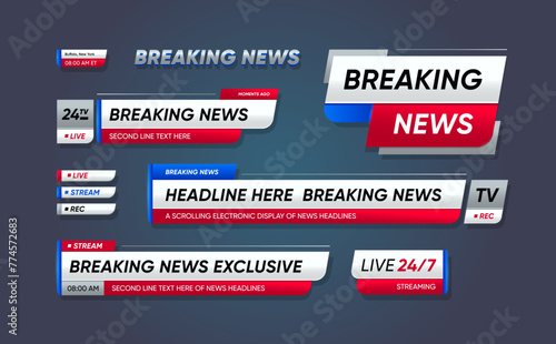 Breaking news, lower third header banners. Vector tv header bars, headlines display essential information on television broadcast. Video titles of blue, red and white colors. Isolated strips with text