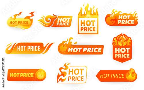 Hot price offer labels, promotion deal emblems with fire flames. Isolated vector badges, tags or icons with burning blaze tongues. Special offer promo for discounted items, retail or clearance sales