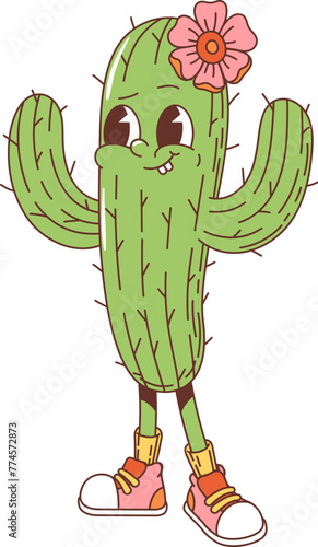 Cartoon groovy cacti character. Isolated vector cactus girl nostalgic succulent plant with sharp green spikes, blooming flower on head and funky sneakers, stands with a joyful, carefree vibe and smile