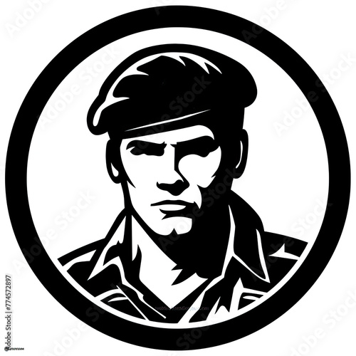 A logo of a soldier looking at the camera with a strong expression