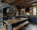 Rustic farmhouse kitchen with a large wooden table and antique fixtureshigh detailed