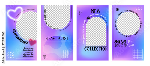 Purple and violet y2k brutal posters, social media post templates. Vector vertical story backgrounds with neon glowing gradients and geometric round and arched frames for sale or new collection promo