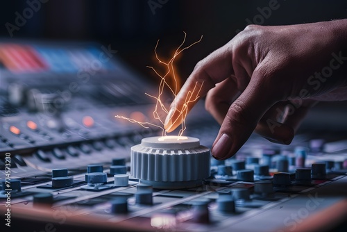 Electricity illuminates sound mixer knob in recording studio, technology concept photo