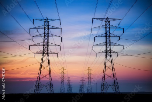 Electricity pylons stand tall against colorful sunset sky backdrop