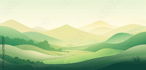 Watercolours andscape with green color silhouettes of mountains, hills and forest and clouds in the sky - vector illustration © ribelco