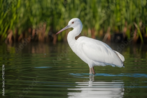 Elegant white bird stands gracefully in serene waters  a tranquil sight