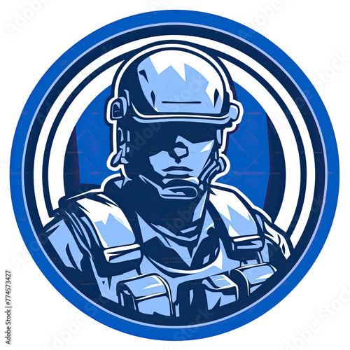 A logo of a soldier with a blue and white background