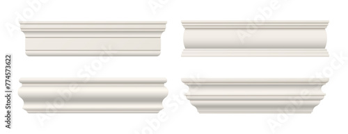 Trim molding, moulding cornice, interior wall skirting baseboard. isolated realistic 3d vector decorative architectural elements. Gypsum, plaster, wooden or styrofoam house ledges in classic style © Buch&Bee