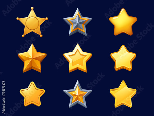 Game rank golden stars, cartoon icons denoting player success, achievement or level up progression, skills, awards or completion, enhancing the gaming experience. Vector set of gold gui stars set
