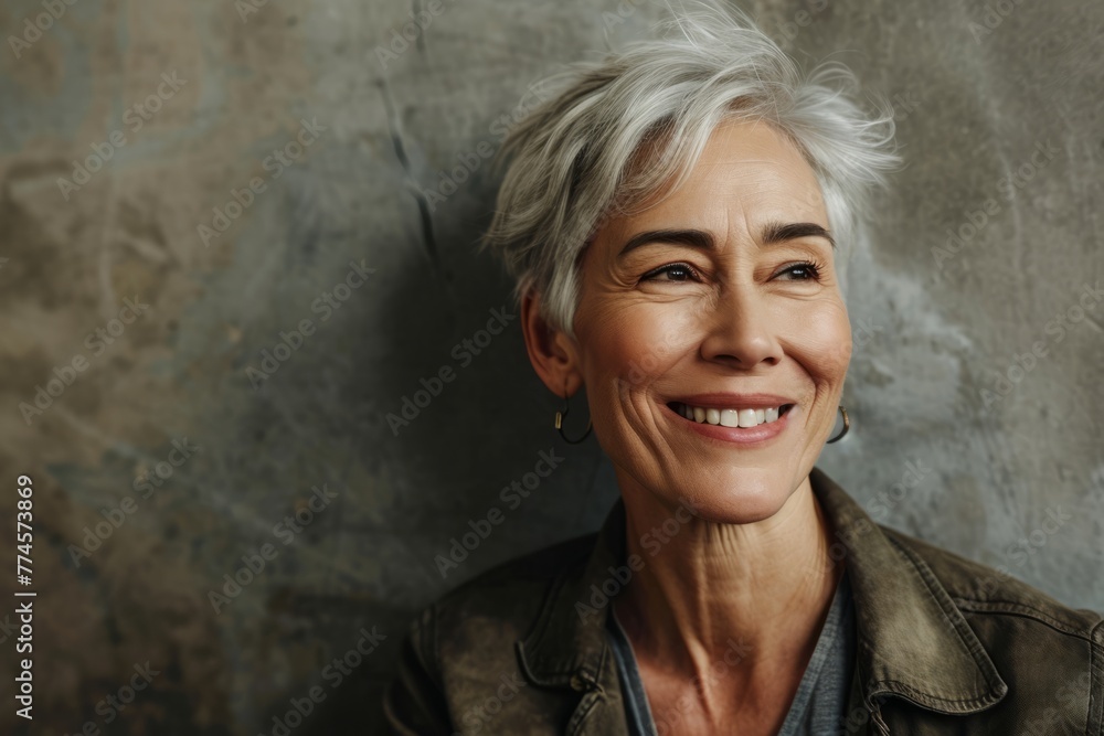 Portrait of a happy senior woman smiling at the camera over grey background Portrait of a happy senior woman smiling at the camera over grey background