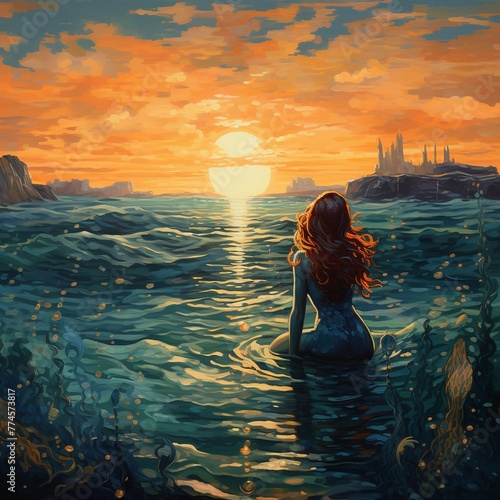 illustration of A charming serene ocean scene in Van Goghs Impressio, Generative ai photo