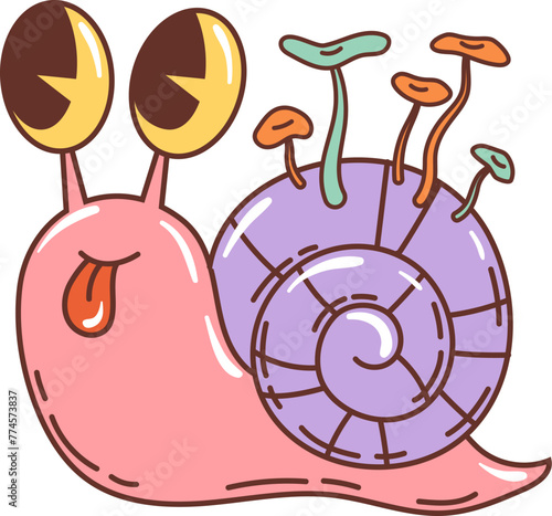 Cartoon groovy snail character. Isolated vector colorful, laid-back cochlea insect with oversized round eyes, sticking tongue and colorful mushrooms grow on spiral shell, cruising with a chill vibe