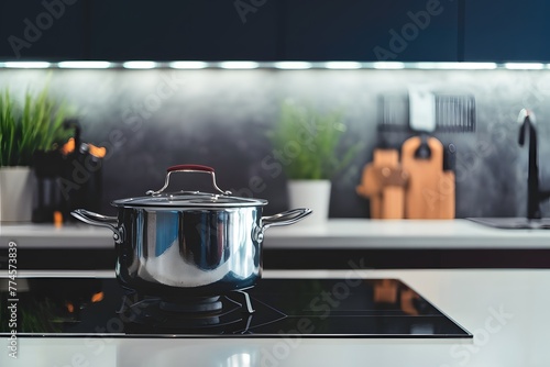 Focused shot highlights metallic pot on sleek stove in modern kitchen
