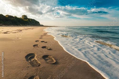 Footprints on sandy beach being washed away, transient imprints photo